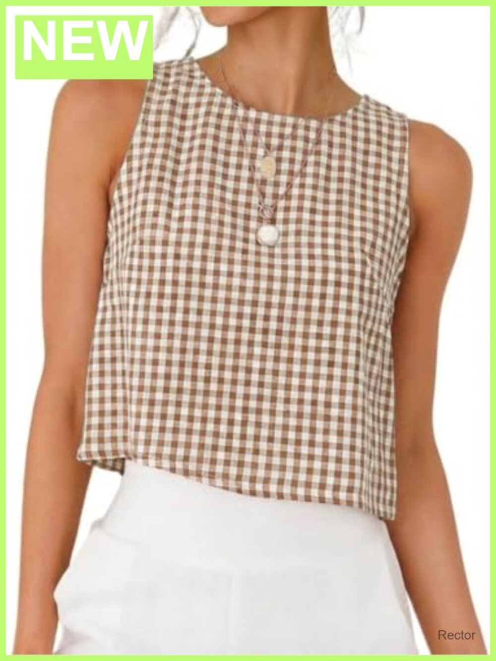 Womens Gingham Plaid High Neck Crop Tank Top Sleeveless Back Button Summer